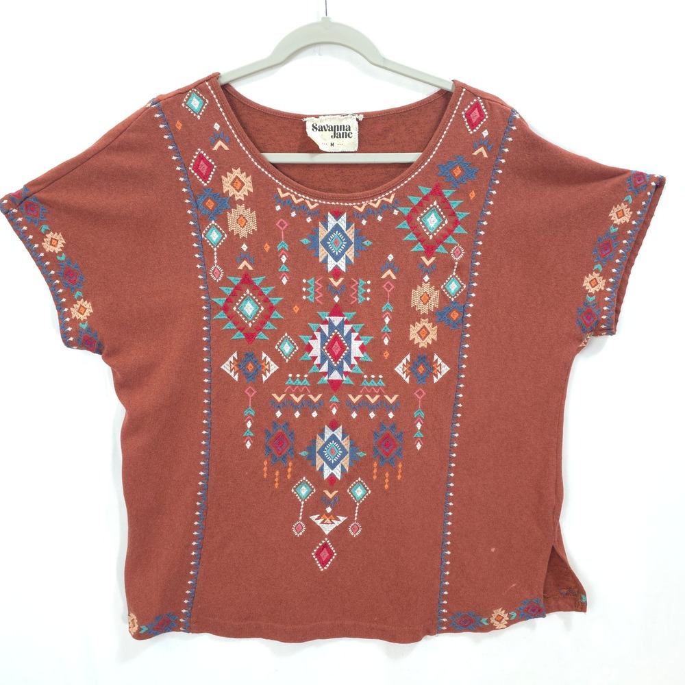 Savanna Jane Embroidered Top Women M Geometric Rust Boho Southwestern Artsy